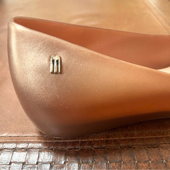Metallic Blush Pink & Rose Gold Dusted Jelly Wedge Flats With Bow Design Detail - Picture 10 of 10